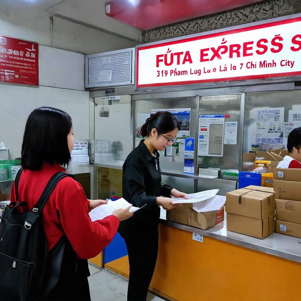 Khach hang dang lam thu tuc gui nhan buu kien tai quay dich vu FUTA Express Pham Ngu Lao